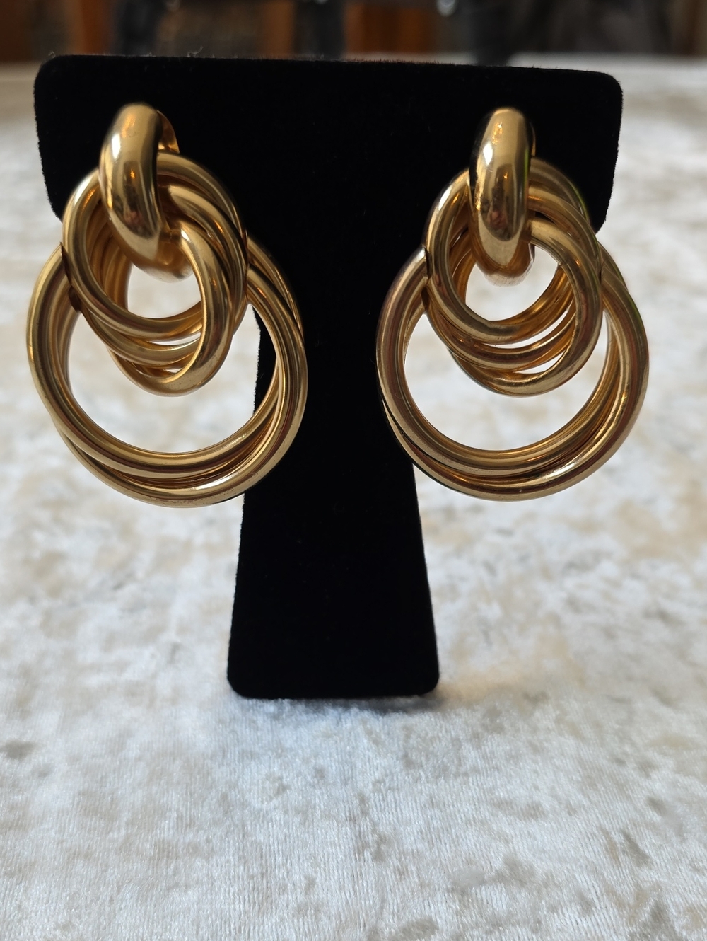Polished Bold Sleek Statement Gold-Tone Interlocking Triple Hoop Drop Earrings